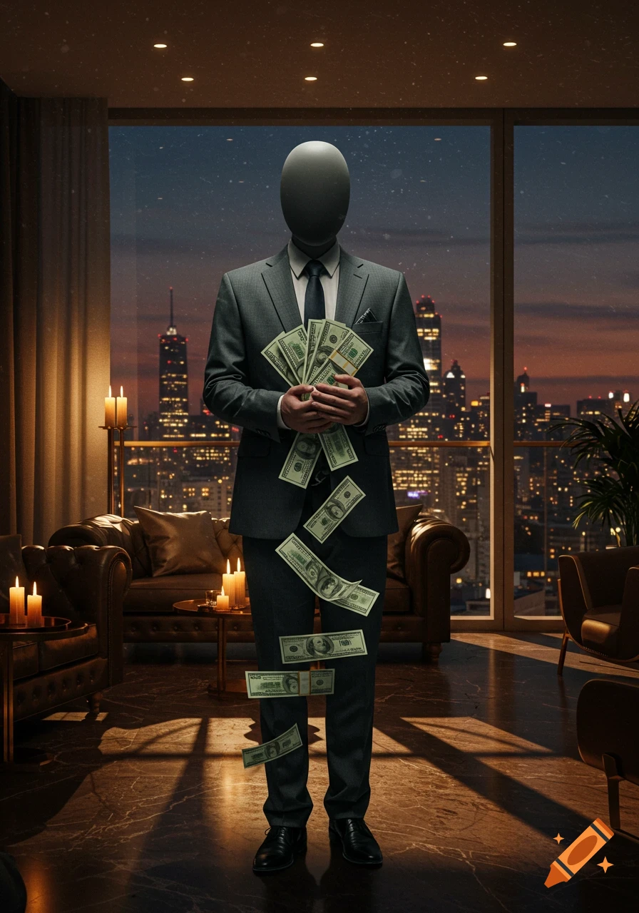 A faceless man in a suit stands in a luxurious penthouse, holding and surrounded by floating US dollar bills. City lights glow outside the large windows at dusk.