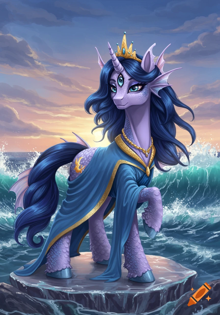 A majestic purple My Little Pony sea queen with a crown, three eyes, blue mane, and robe stands on a rock in a stormy sea.