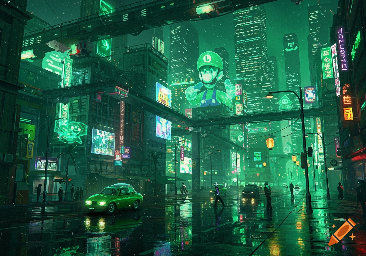 A holographic image of Luigi floating above a neon-green lit futuristic cyberpunk city street, with glowing signs and reflections on the wet road.