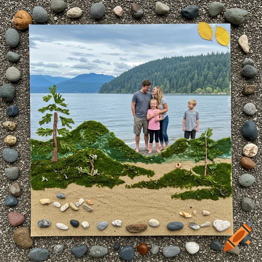 A creative mixed-media art piece featuring a family photo on a canvas with sand, moss, and sticks creating a miniature landscape of mountains, trees, and beach, surrounded by real rocks on the ground.