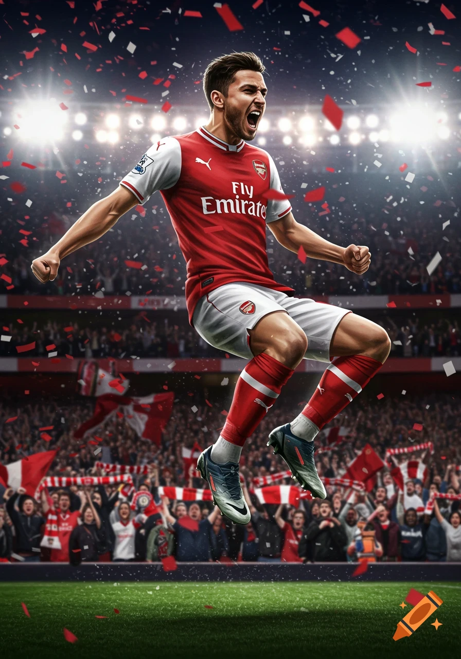 A photorealistic image of an Arsenal FC soccer player leaping in celebration on a stadium field, surrounded by confetti and cheering fans.