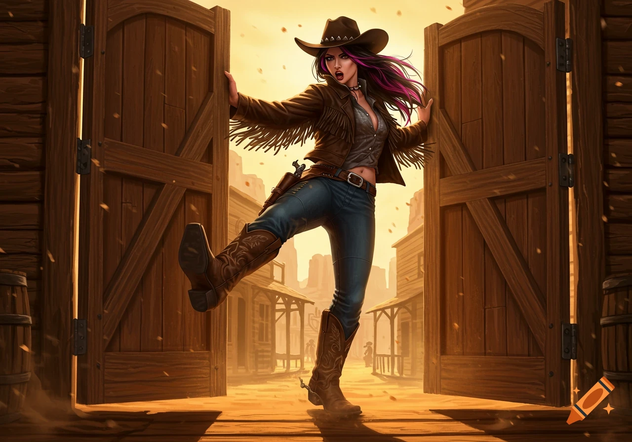 A stylized cowgirl with pink hair highlights kicks open wooden saloon doors in a dusty western town.