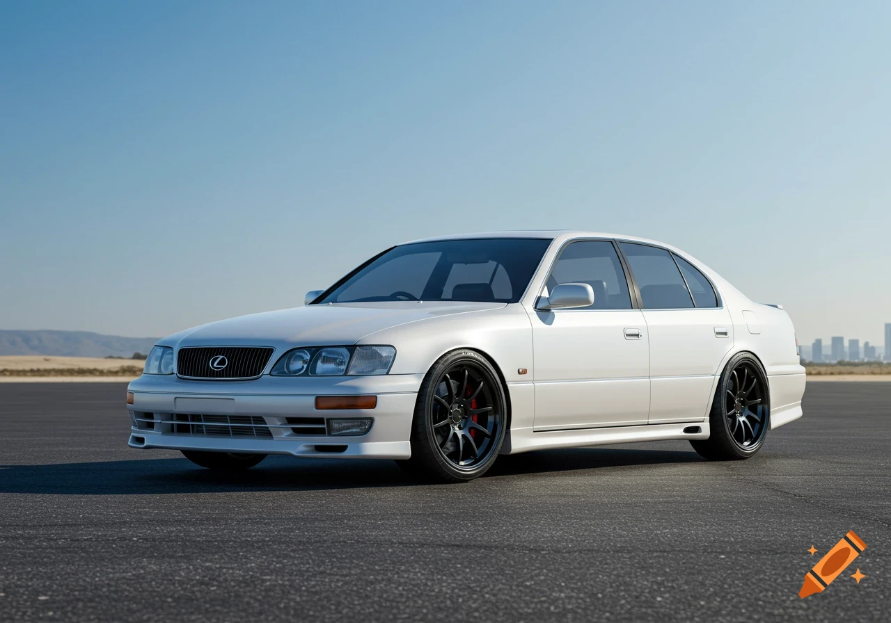 White 2nd generation Lexus GS300 with black wheels parked on asphalt under a clear blue sky.