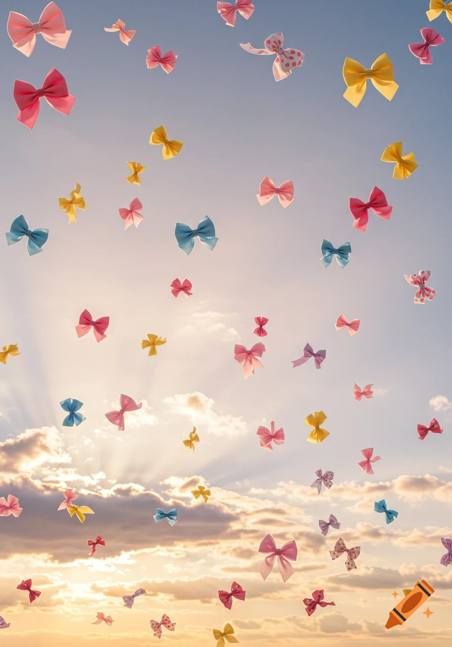 Numerous colorful bows float in a pastel sky with glowing clouds and sunrays, creating a whimsical scene.