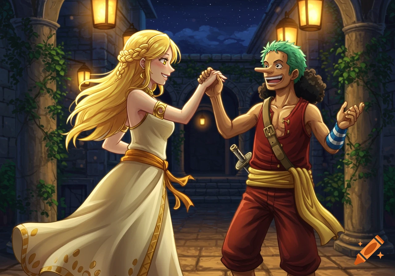Usopp and a blonde woman dance in a moonlit fantasy village, illuminated by lanterns.