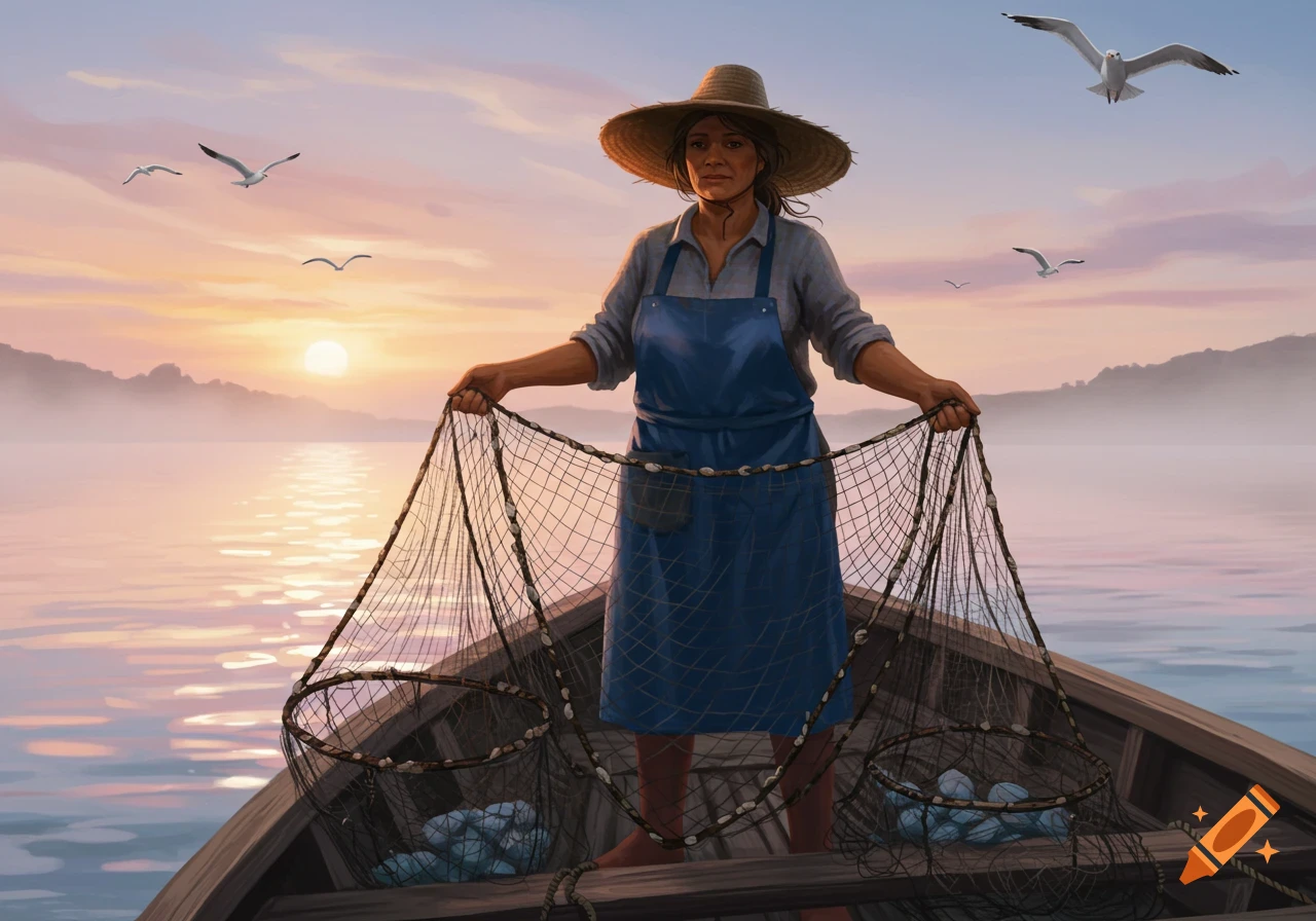 A fisherwoman in a boat holds fishing nets on calm water at sunset with birds flying.