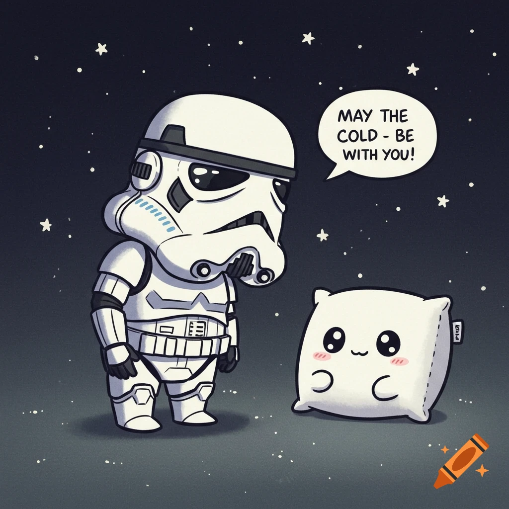 A cute cartoon stormtrooper talks to a smiling white pillow under a starry sky, saying 'May the cold - be with you!'.