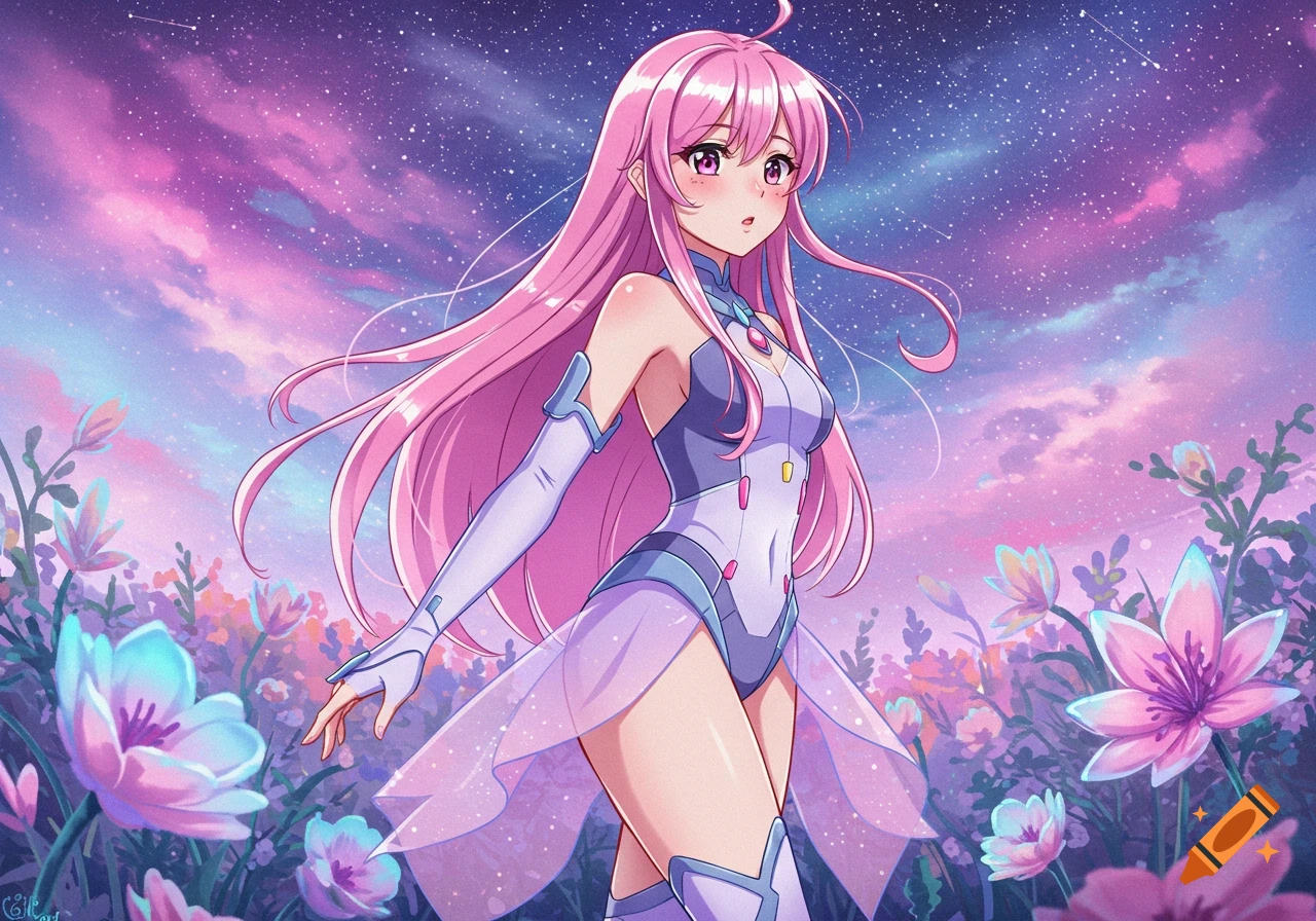 An anime girl with long pink hair in a futuristic outfit stands in a field of glowing flowers under a starry purple and pink sky.
