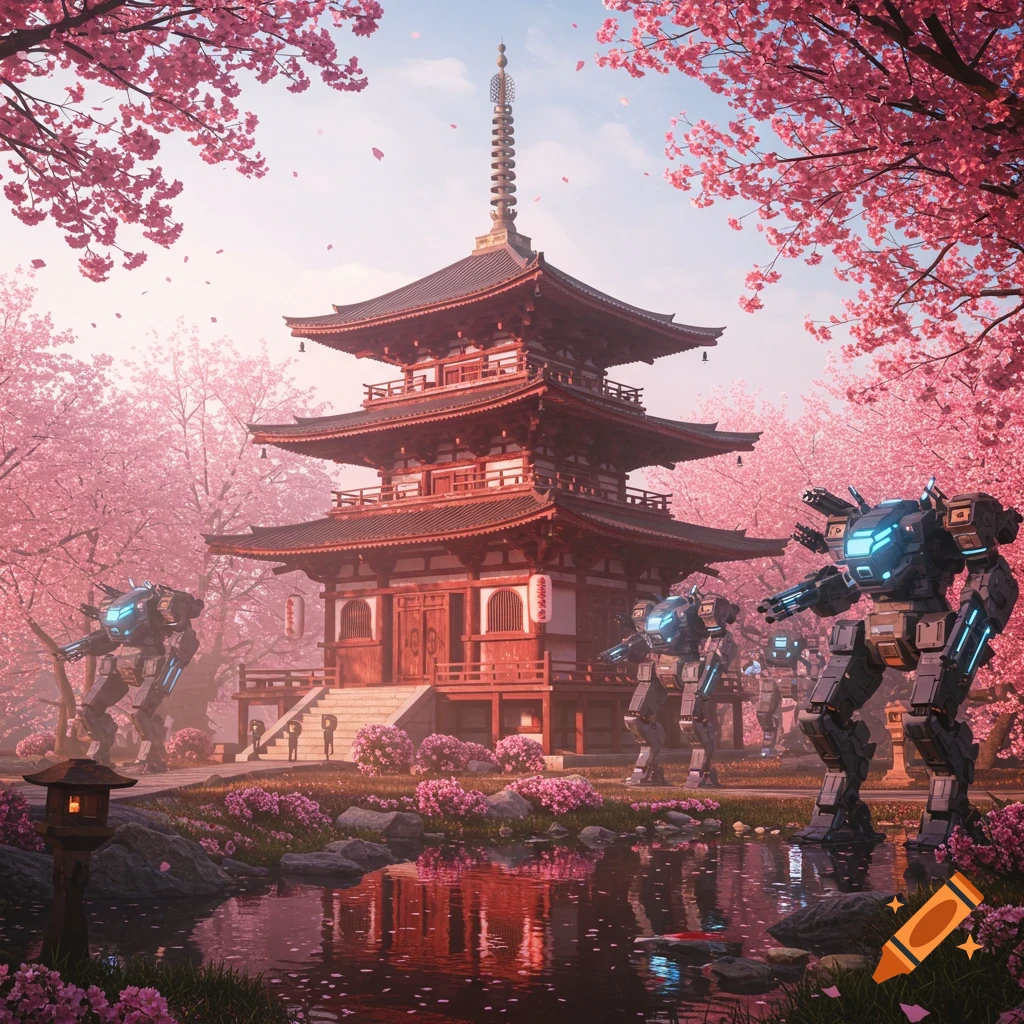 A serene Japanese temple surrounded by vibrant pink cherry blossoms, with several large futuristic war robots standing in a garden with a reflective pond.