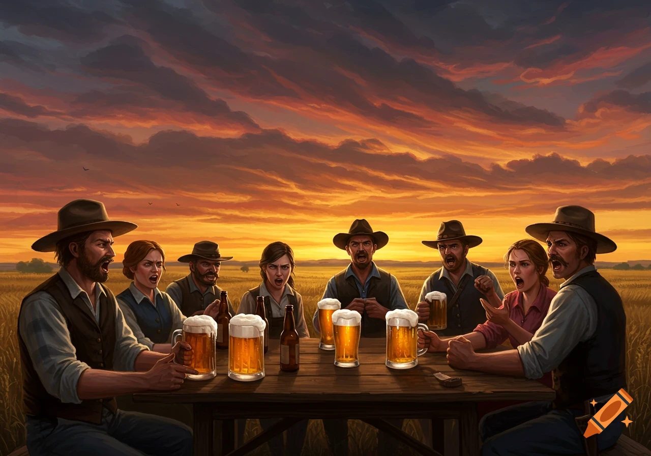 A group of shouting cowboys and women drink beer at a wooden table in a field during a dramatic sunset.