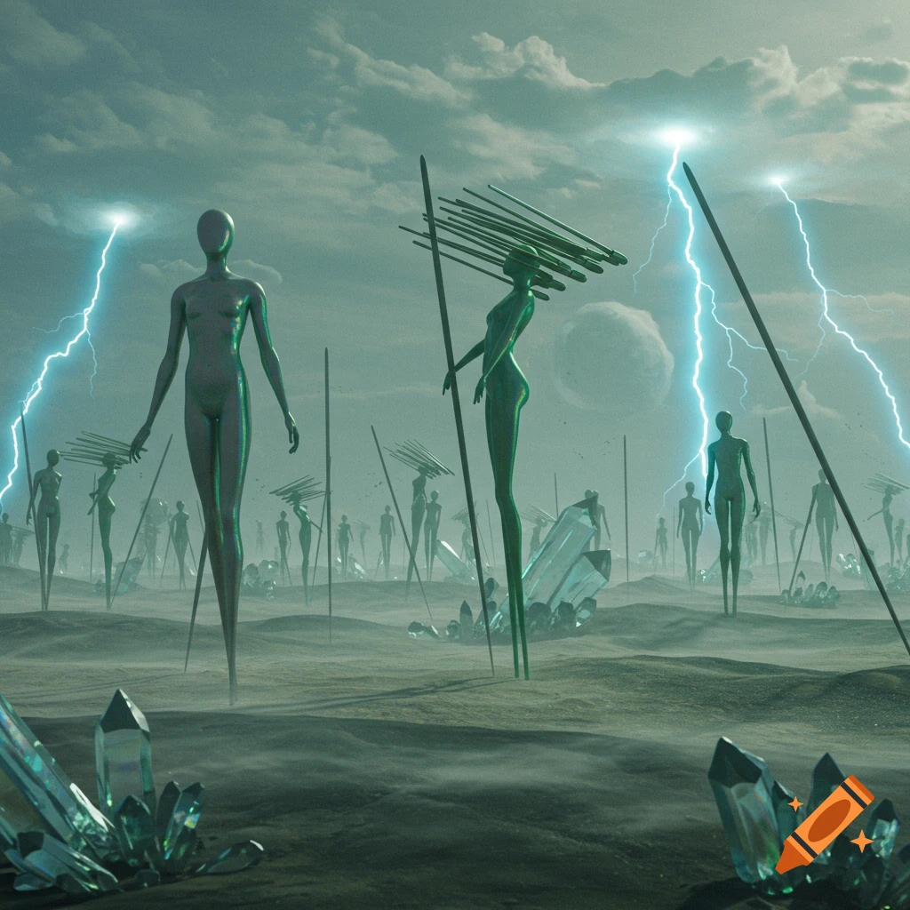 A surreal, desolate landscape with many tall, slender, metallic figures resembling mannequins standing among large glowing crystals under a stormy sky with lightning.
