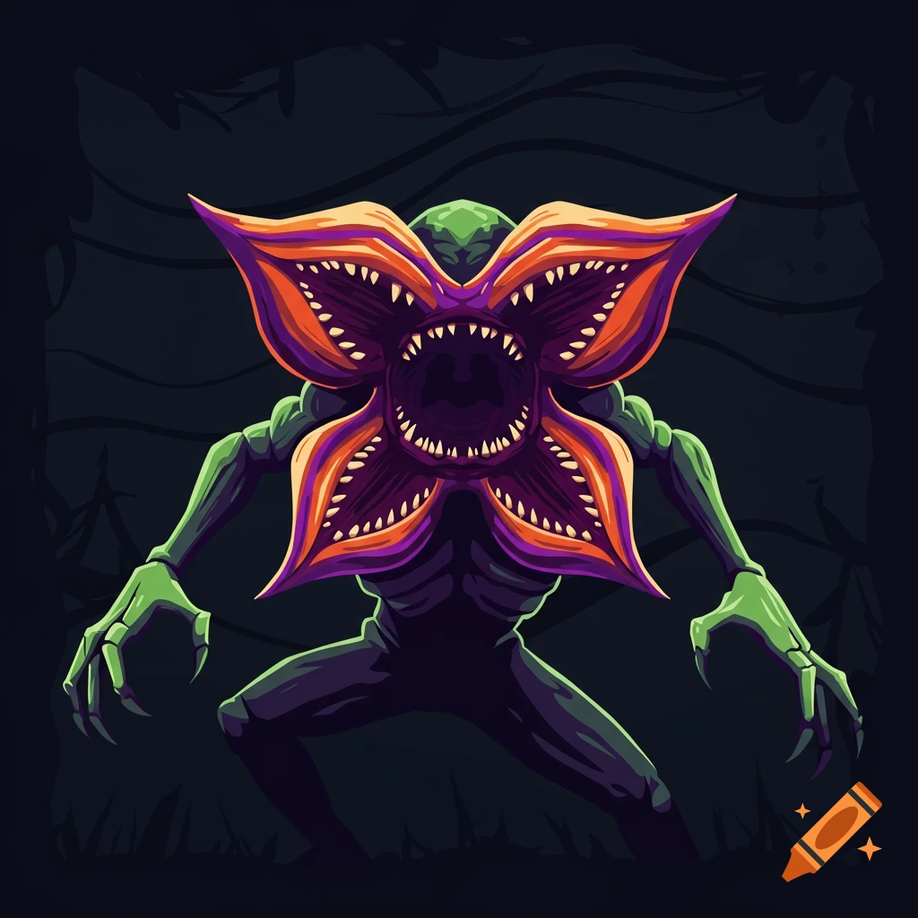 A stylized vector illustration of a purple and orange Demogorgon with green limbs, against a dark, shadowy background.
