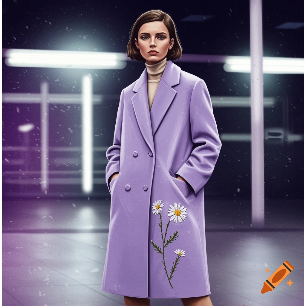 A stylized illustration of a woman in a lilac coat with daisy embroidery, wearing a turtleneck, standing in a dark, modern setting.
