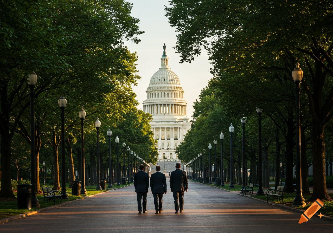 Three men in suits walk down a tree-lined path towards the US Capitol building at sunset.