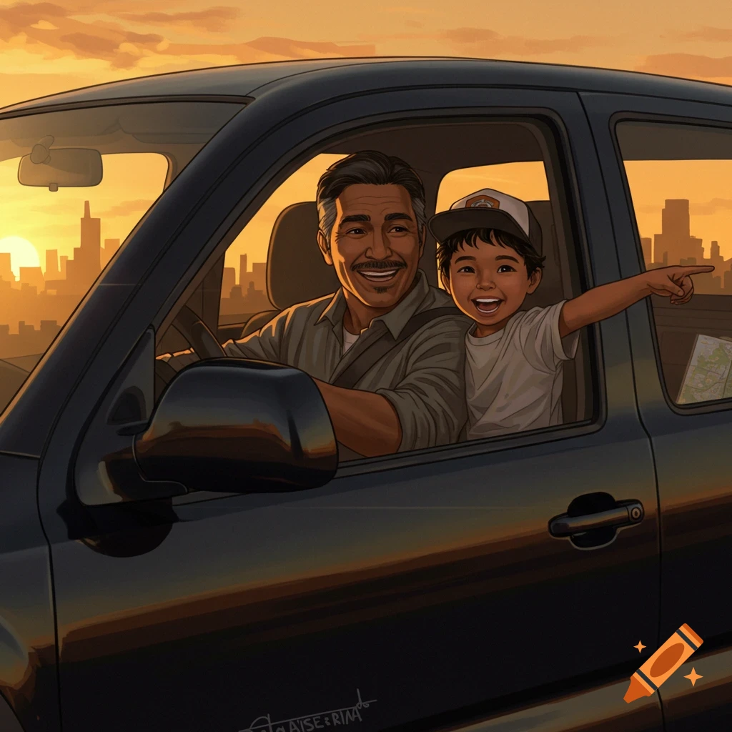 An illustrated father and son smiling in a black truck at sunset, with a city skyline in the background. The boy points forward excitedly.