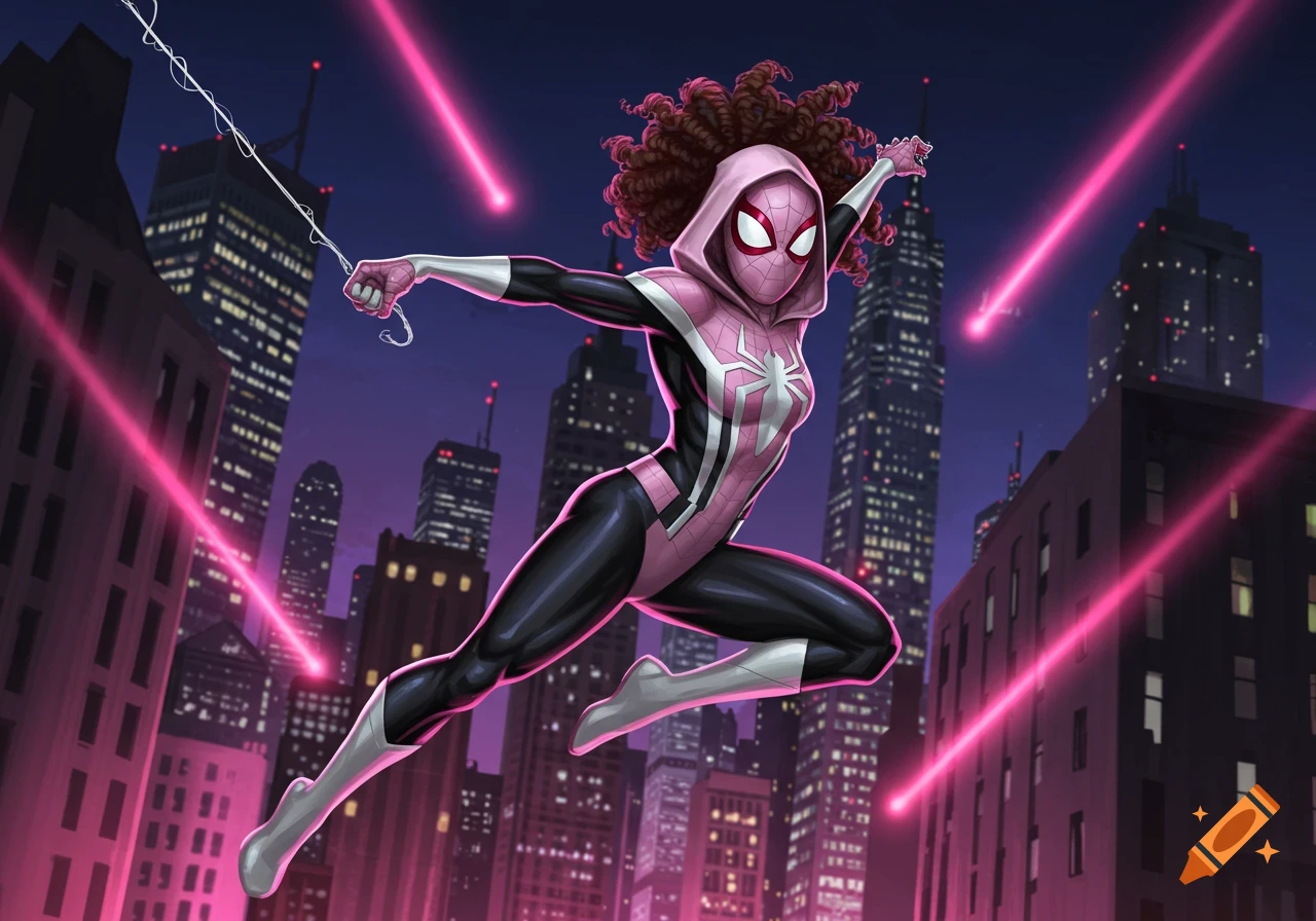 Female Spider-Man in a pink, black, and white suit with curly hair, swinging through a dark city at night with glowing pink streaks.