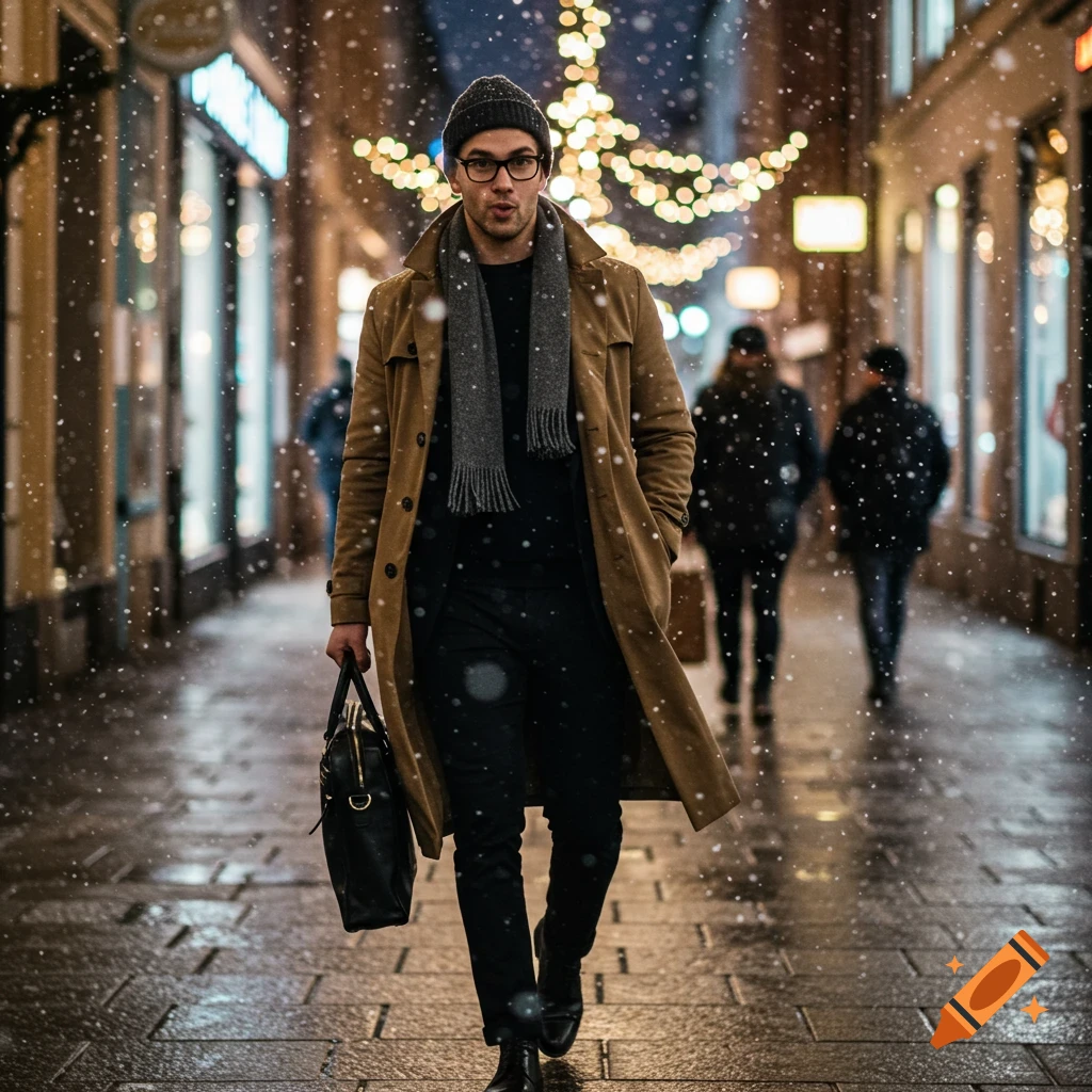 A stylish man in a tan trench coat, beanie, and scarf walks down a snowy city street with blurred Christmas lights.