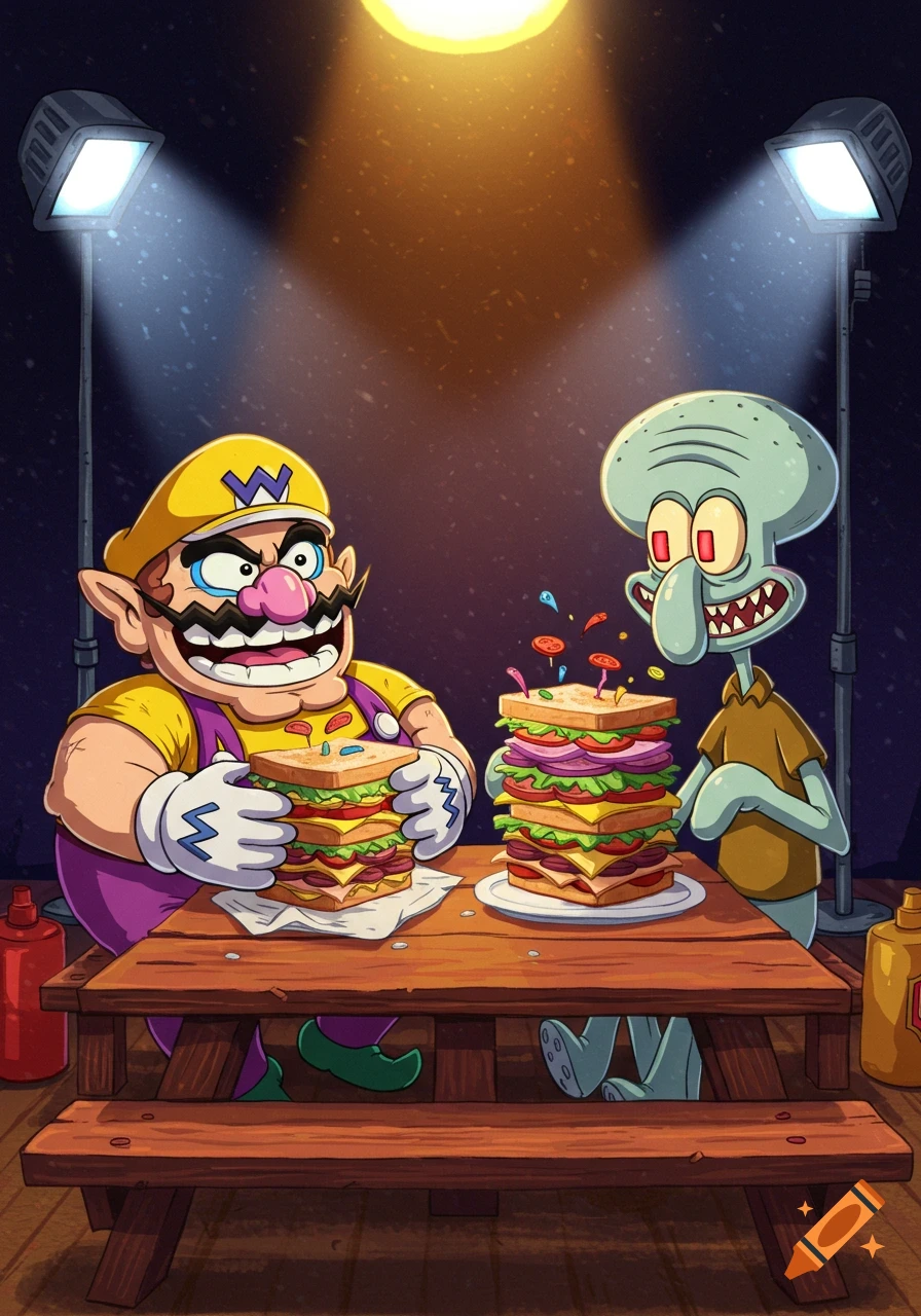 Wario and Squidward sit at a picnic table under spotlights, each with a large, multi-layered sandwich.