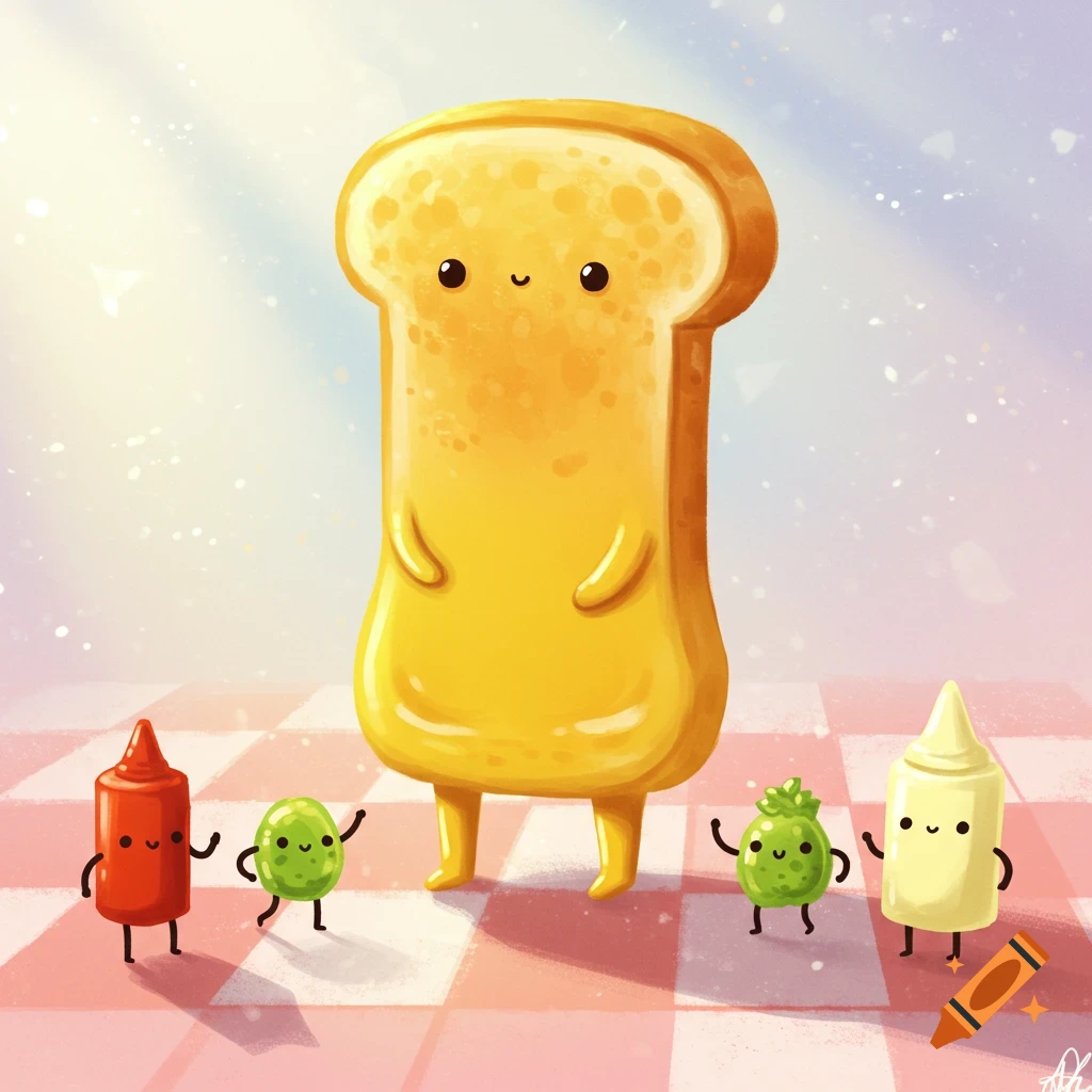 A cute, illustrative image of a slice of bread character standing on a checkered picnic blanket, surrounded by anthropomorphic ketchup, peas, and mustard/mayo characters.