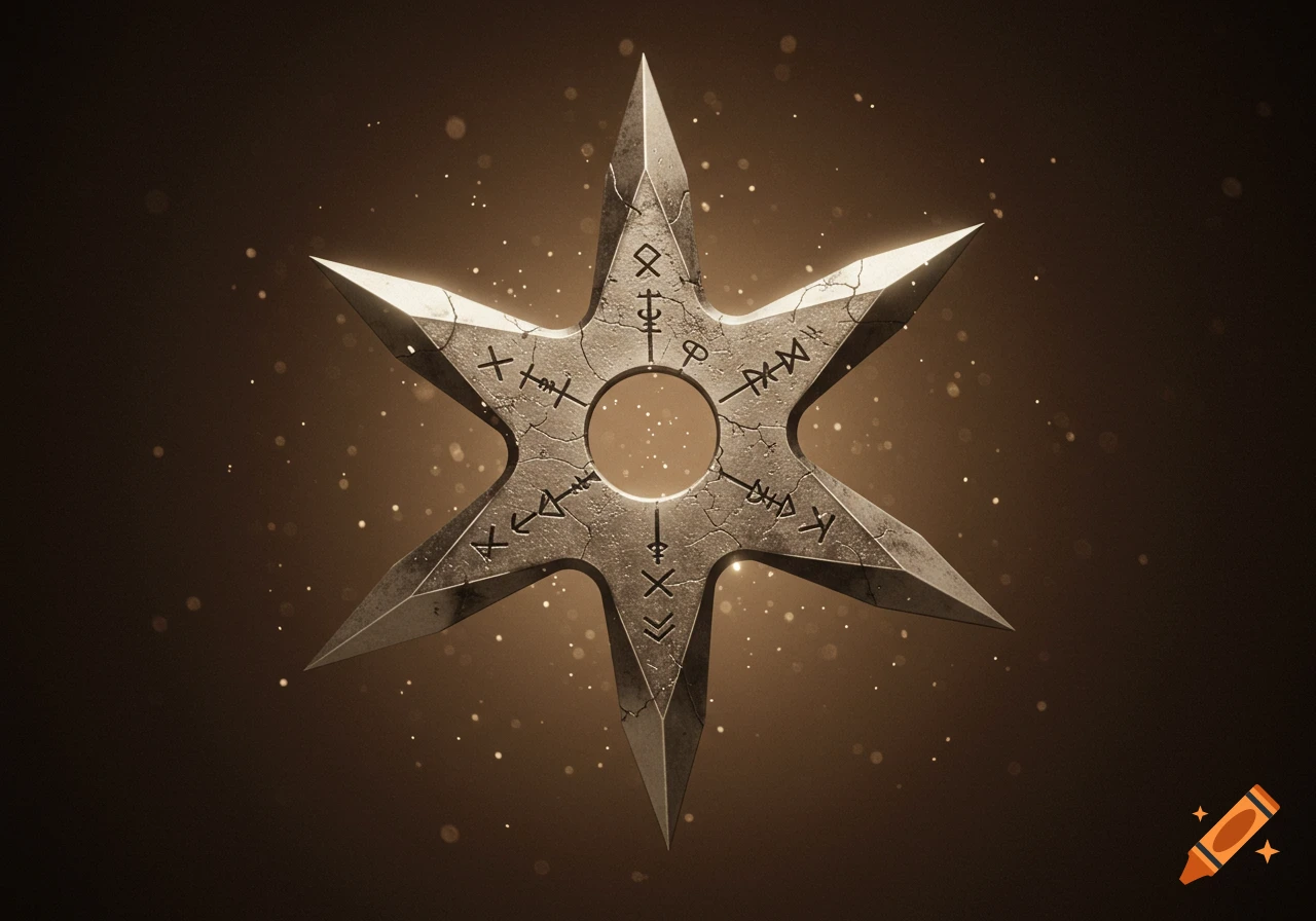 A weathered, six-pointed metal ninja star inscribed with runes, glowing softly in a sepia-toned background.