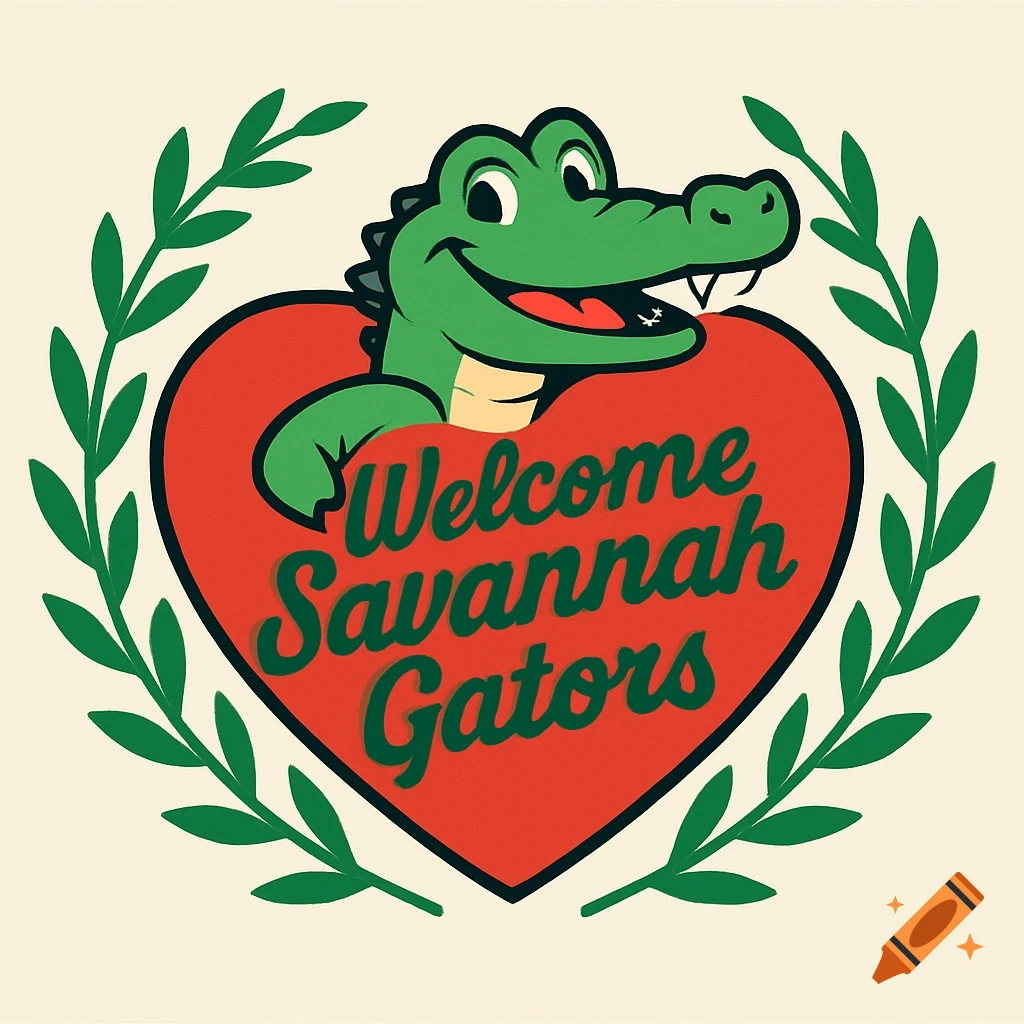 A cartoon alligator smiles from behind a red heart with 'Welcome Savannah Gators' in a green wreath on a light background.