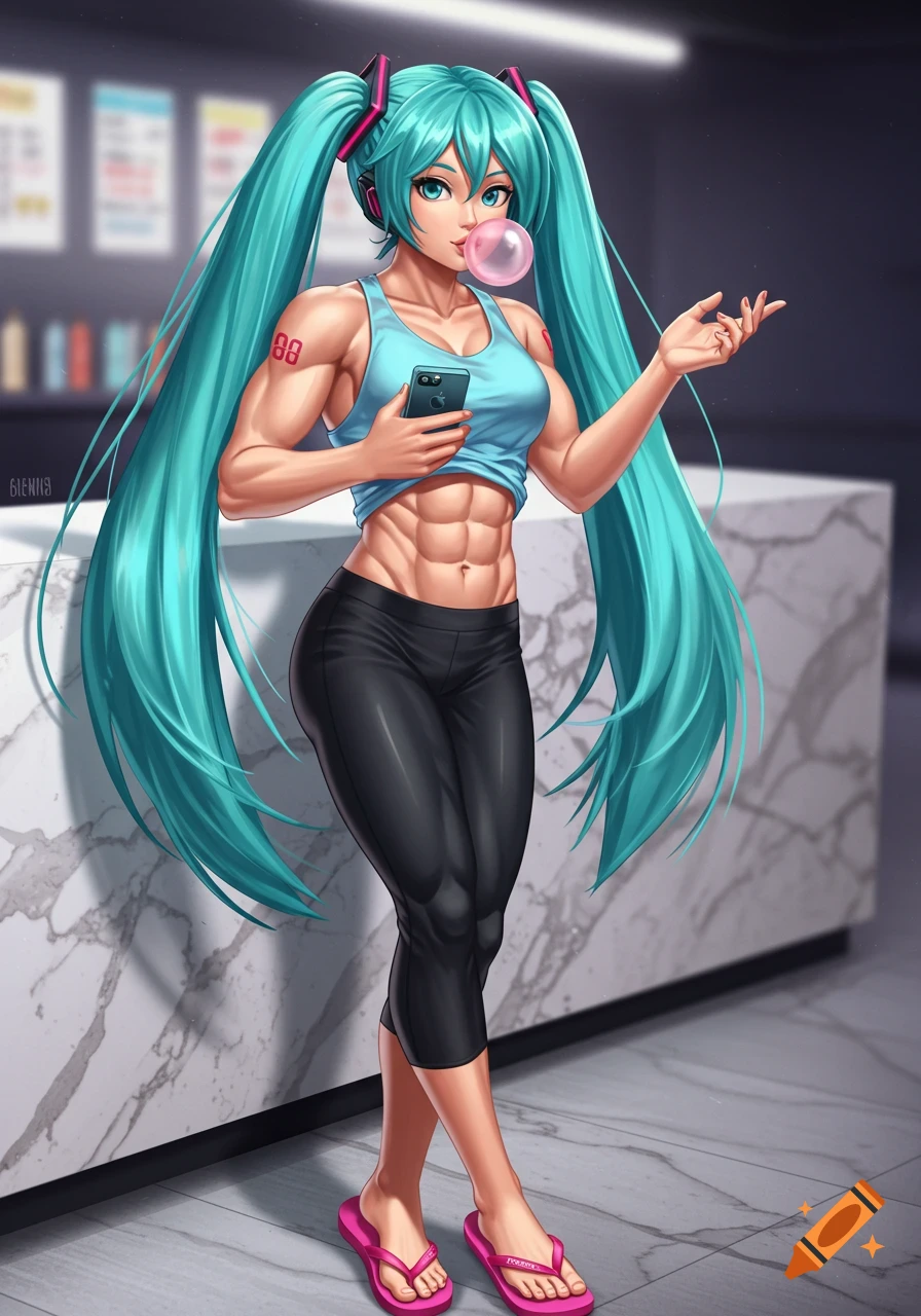 Muscular anime character Hatsune Miku in a light blue tank top, black leggings, and pink flip-flops, blowing bubble gum and holding a phone, leaning on a counter.