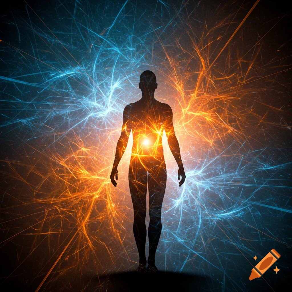 Silhouette of a human figure glowing internally, against a background of radiating orange and blue energy patterns.