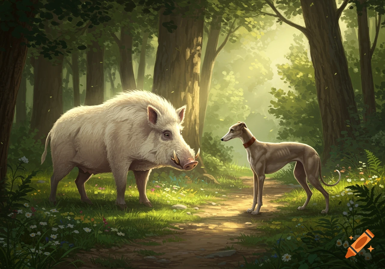 A white boar and a greyhound encounter each other on a sunlit woodland path.