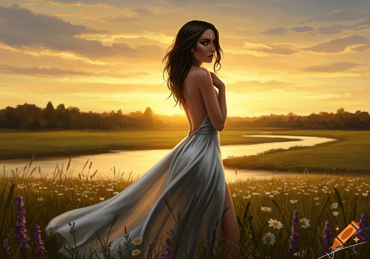 An illustrative painting of a woman in a flowing dress standing in a field at sunset, looking over her shoulder.