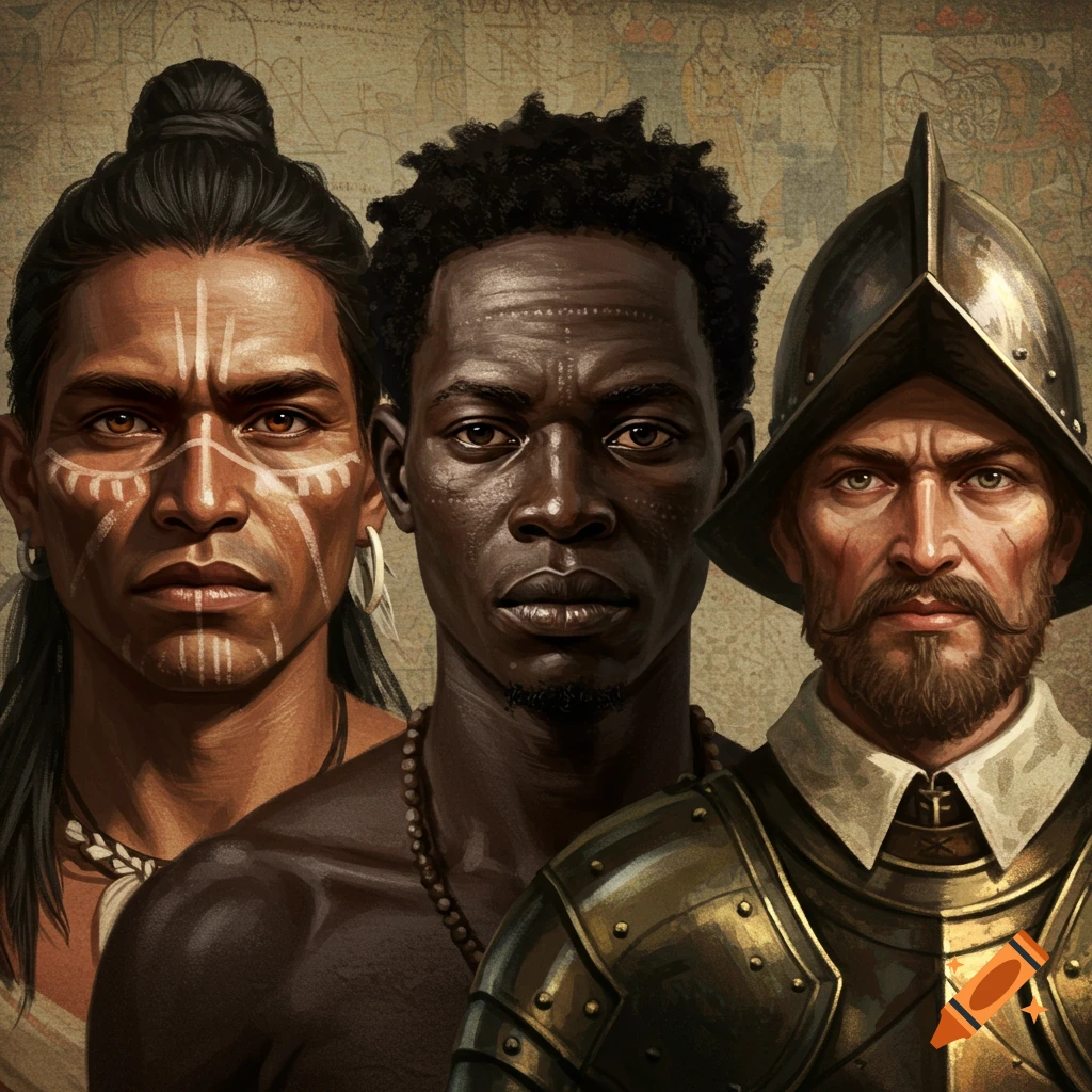 Realistic portrait illustration of a Taino man, an African man, and a Spanish conquistador.