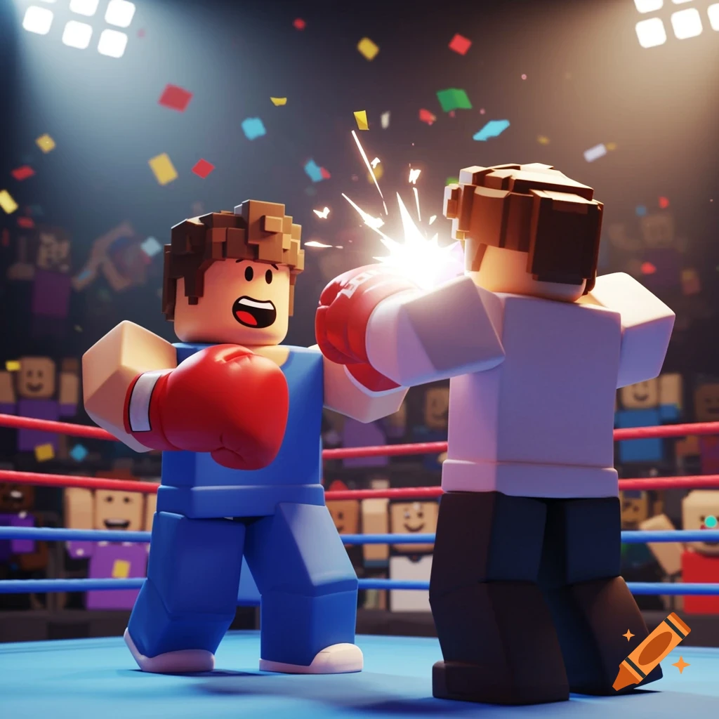 Two Roblox characters boxing in a ring, one throwing a punch with a bright impact effect, surrounded by confetti.