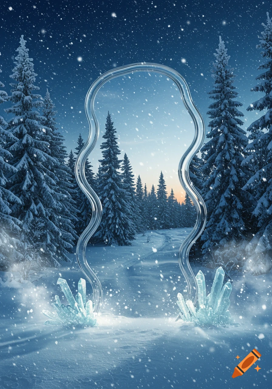 A transparent, wavy archway stands in a snowy winter forest with snow-covered pine trees and glowing ice crystals.