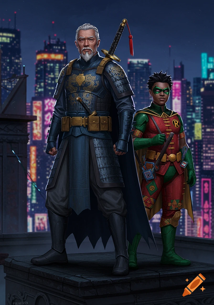 An older man in samurai-inspired dark armor with a bat symbol and a young boy in a red and green Robin costume stand on a rooftop overlooking a neon city at night.
