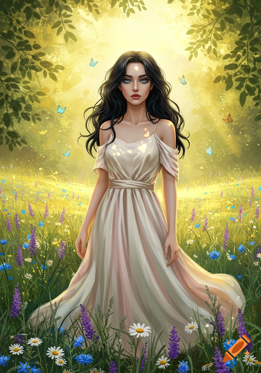 A woman with long dark hair in a light dress stands in a sunny field of wildflowers with butterflies. Digital illustration.