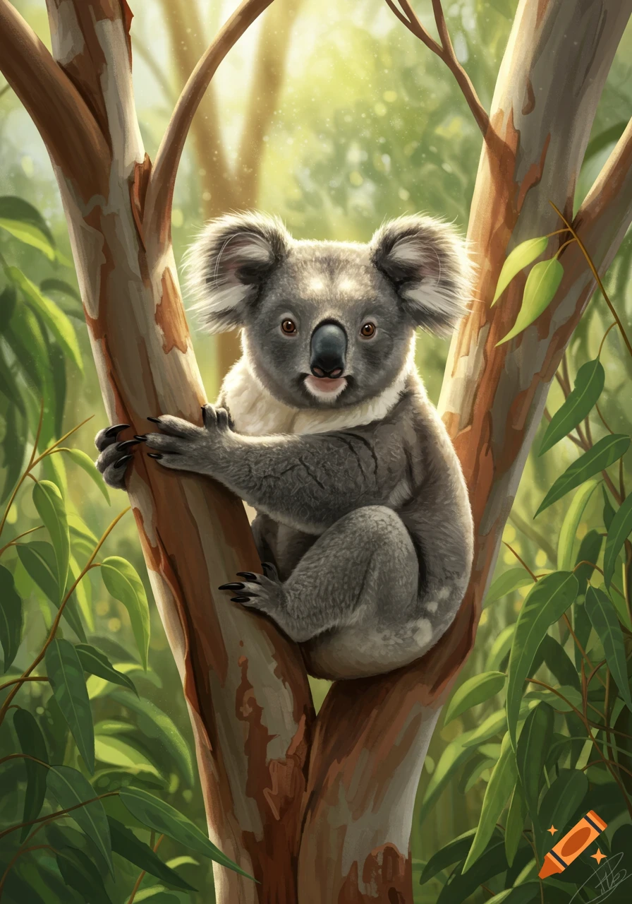 A fluffy koala bear sits in the crook of a eucalyptus tree, looking forward with bright eyes in an illustrated style.