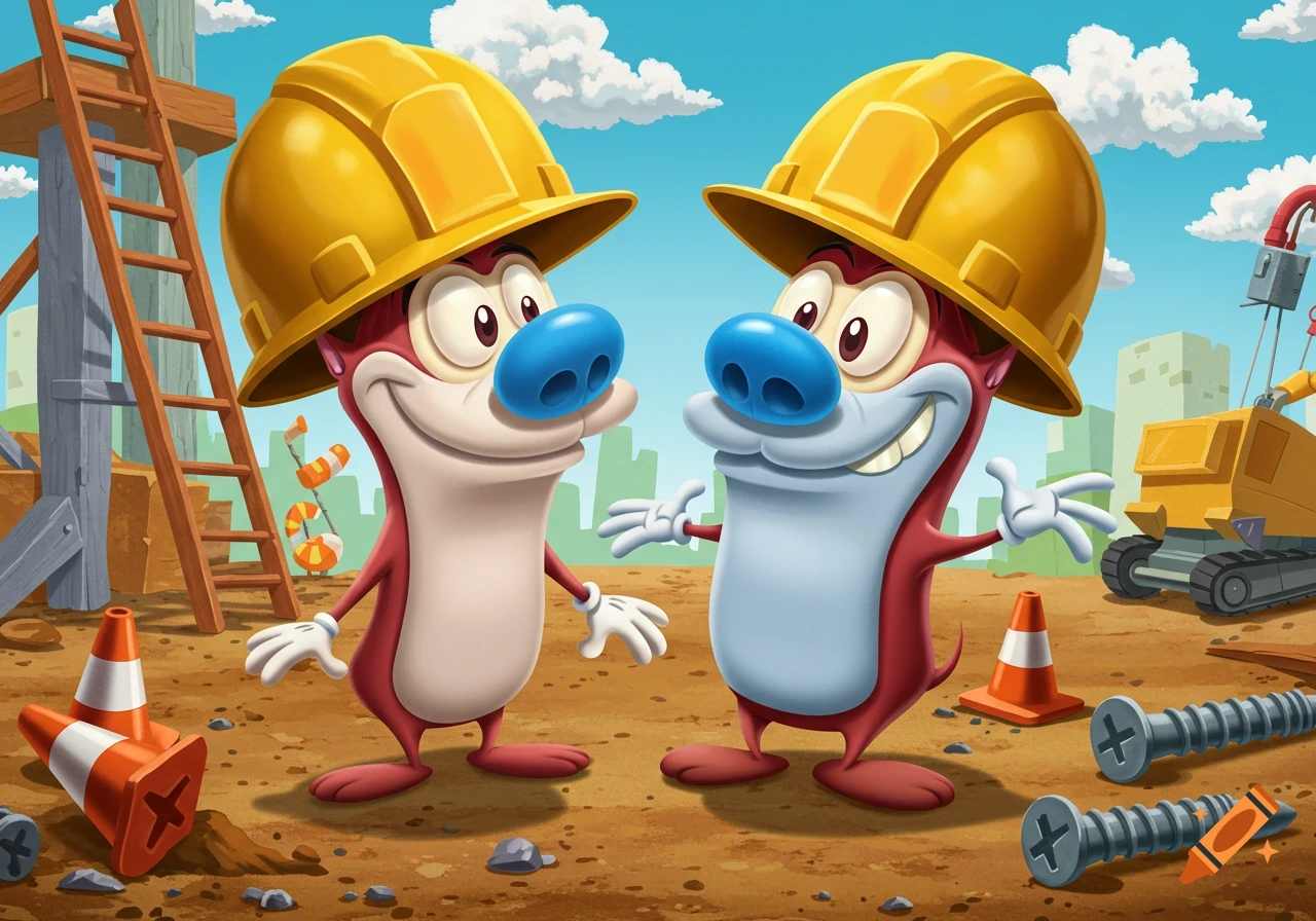 Cartoon characters Ren and Stimpy in yellow hard hats at a construction site with ladders, cones, and equipment.