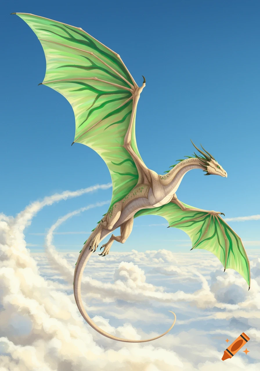 A pale sand-colored dragon with green striped wings soars through a blue sky filled with white clouds and trails.