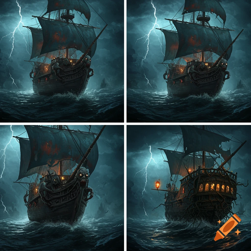 Four dark fantasy illustrations of a scary, demonic ship with glowing features sailing through a stormy sea with lightning.