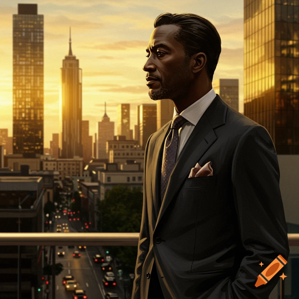 A man in a suit stands on a balcony overlooking a city skyline at sunset, in a photorealistic style.