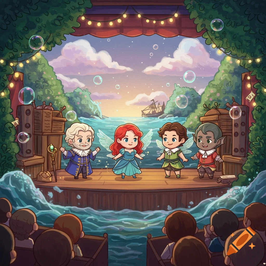 A whimsical illustration of four chibi characters, including fairies and a wizard, performing a play on a stage over the ocean, with an audience in the foreground.
