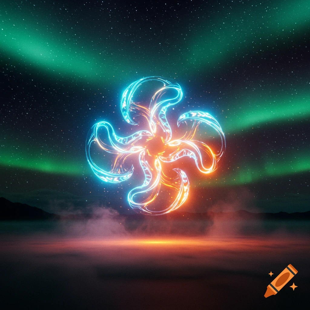 A swirling, glowing blue and orange energy symbol floats above a misty landscape under a starry night sky with a green aurora borealis.