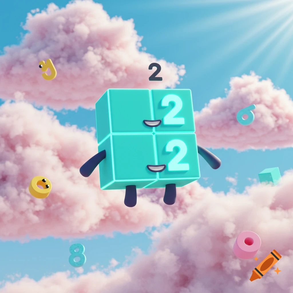 A cheerful, cartoony character made of two cyan blocks with large 2s, black limbs, and a smiling mouth, floating in a sunny sky with pink clouds and other numbers.