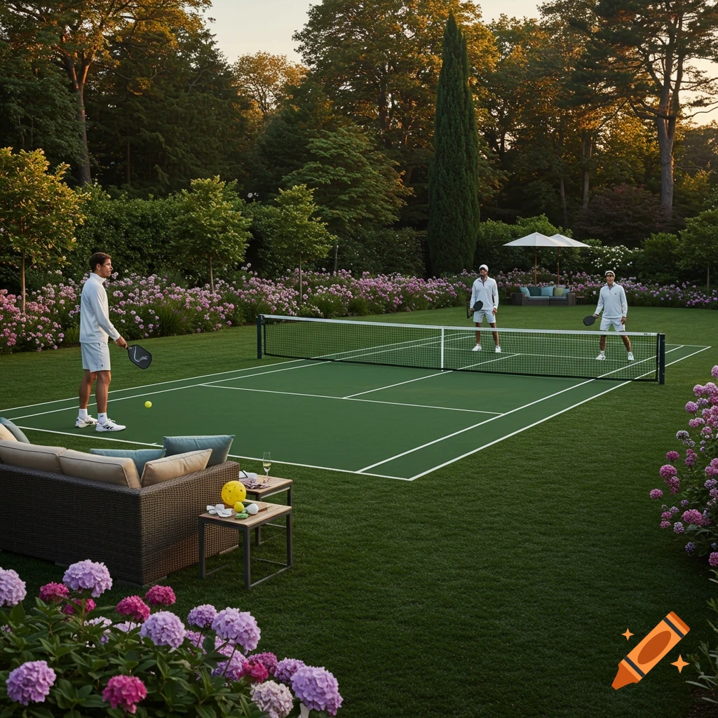 Three men play pickleball on a green court in a luxurious garden with lush greenery and flowers, featuring outdoor seating. Photorealistic style.
