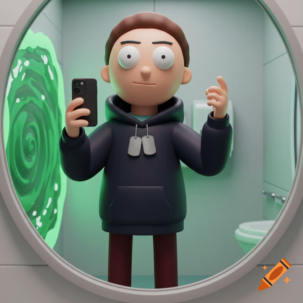 A 3D cartoon character in Rick and Morty style takes a mirror selfie in a futuristic bathroom, showing a green portal.