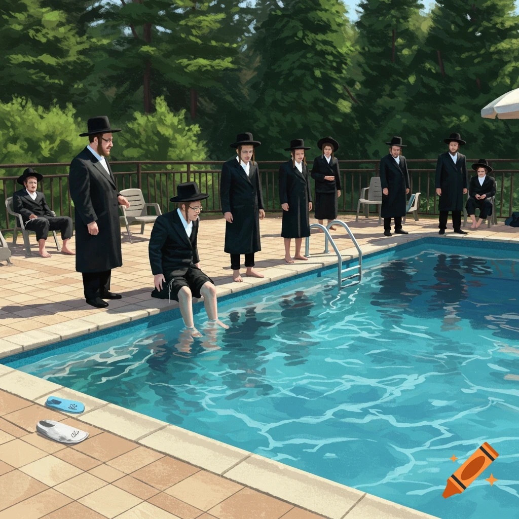 Hasidic Jewish men, some in suits and hats, gather around a swimming pool, with one man dipping his feet in the water.