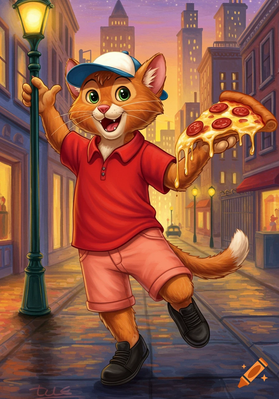 A happy cartoon orange cat, resembling Oliver from Oliver and Company, wears a red shirt, shorts, and a backward baseball cap while holding a cheesy pizza slice on a city street at dusk.
