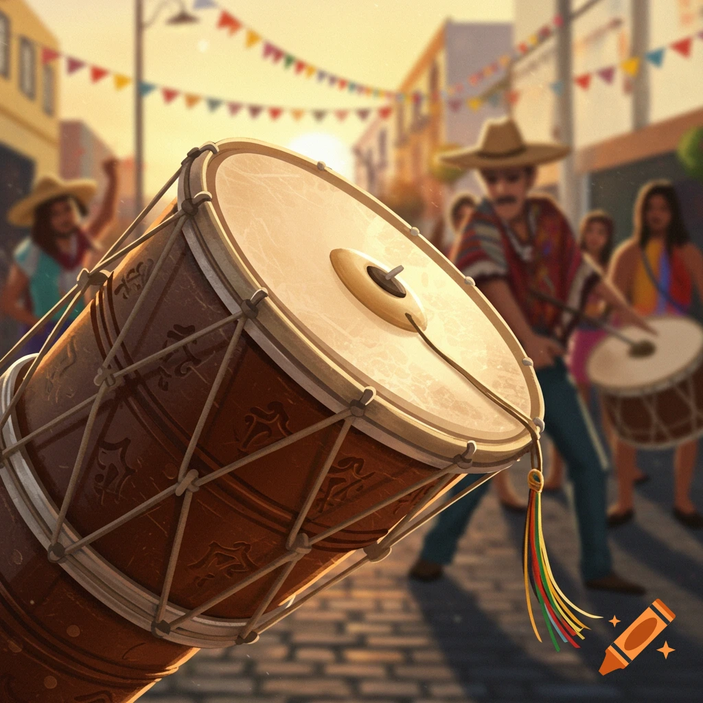 A large, decorated drum in the foreground of a vibrant street festival, with blurred people playing instruments and colorful banners.