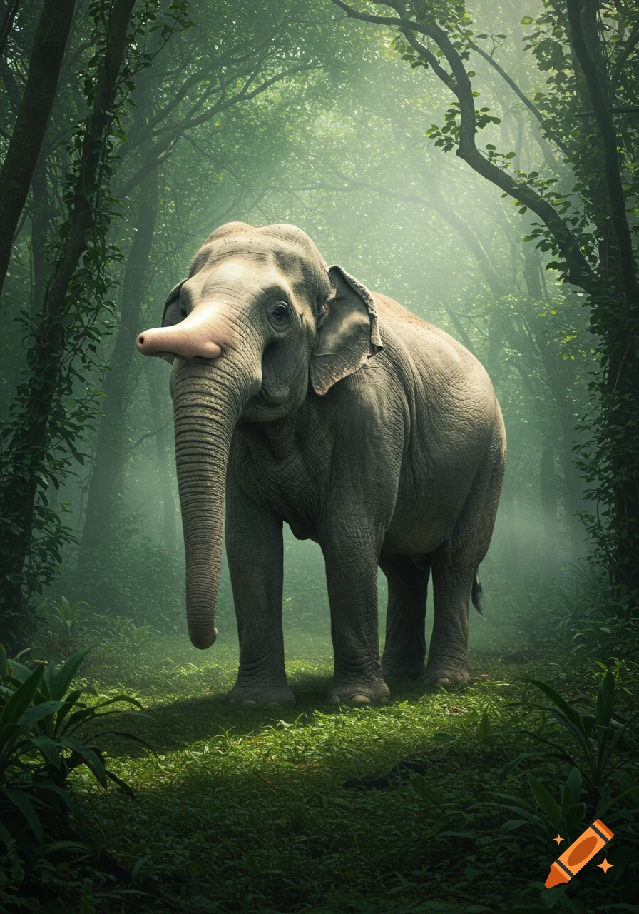 A photorealistic elephant with a human nose stands in a misty, lush jungle.