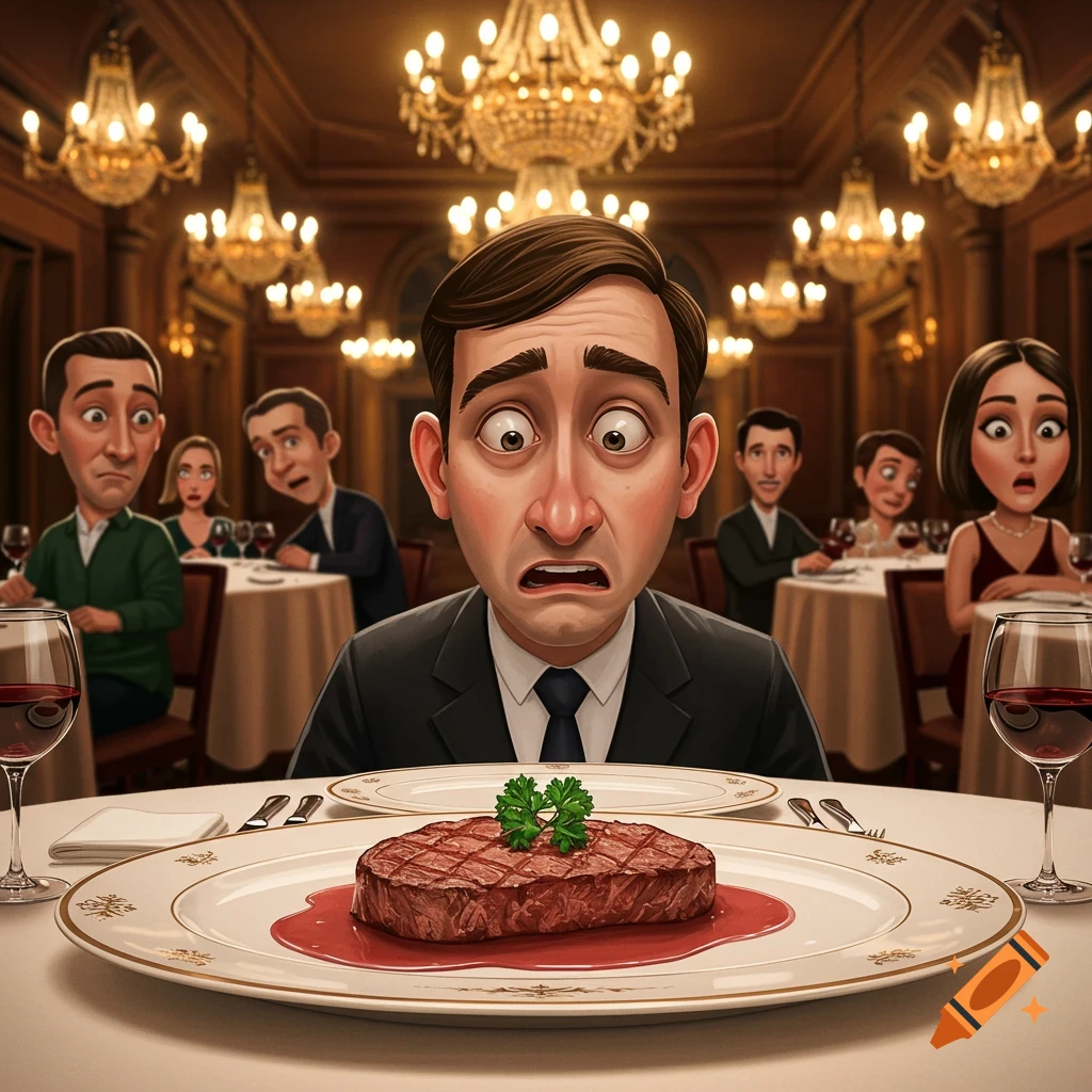 A cartoon man in a fancy restaurant looks shocked at a very small steak on his plate. Other diners look on.