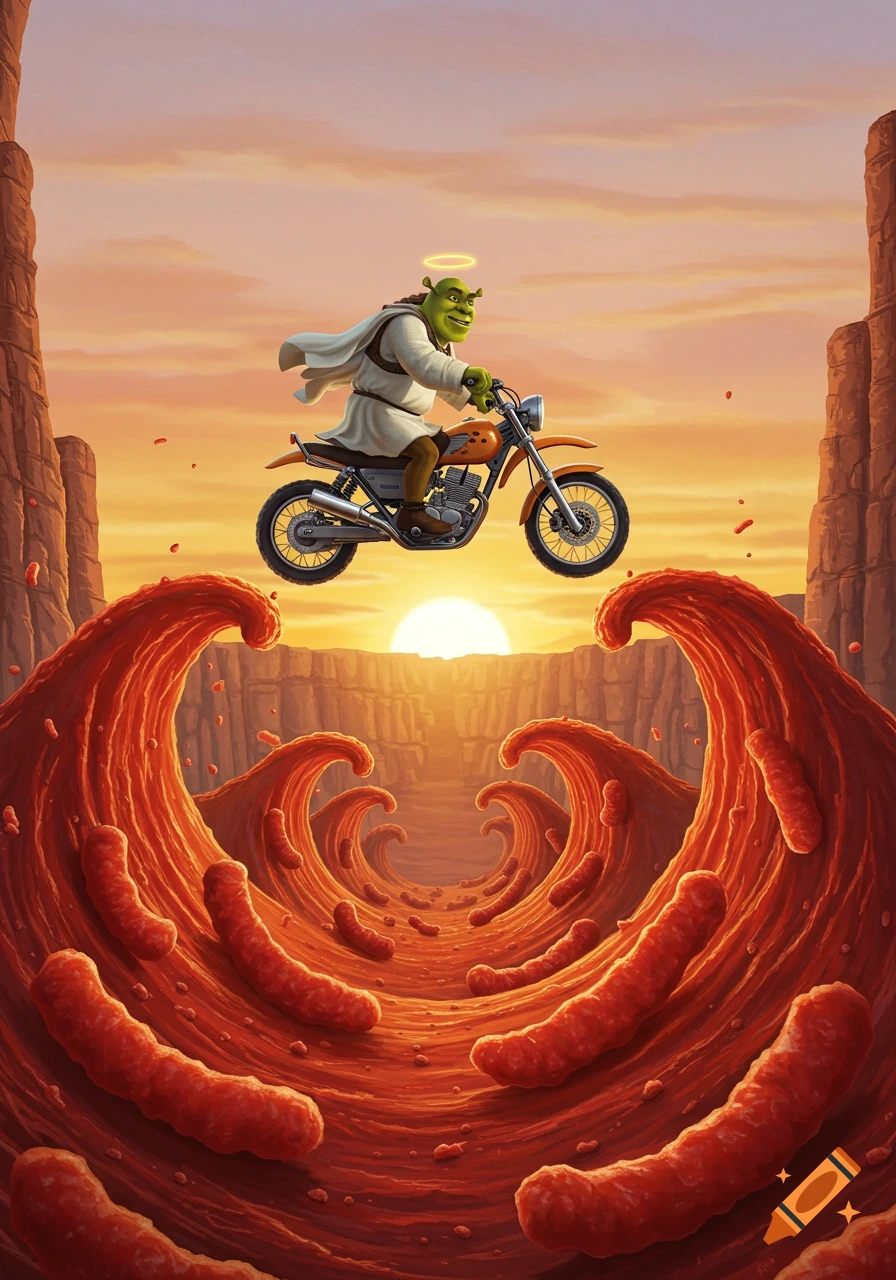 Shrek in a white robe riding a motorcycle above a canyon filled with large, wavy hot Cheetos at sunset.